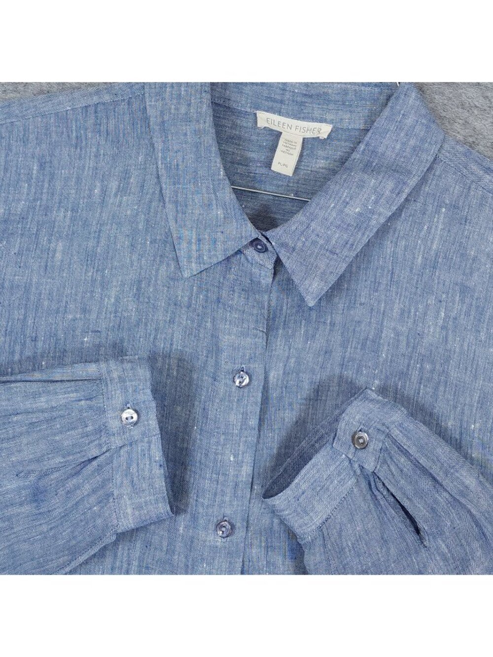 Eileen Fisher Organic Linen Button Up Shirt Womens Petite Large PL Blue Chambray
